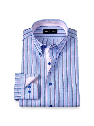 Paul Fredrick Tailored Fit Non-iron Linen Stripe Dress Shirt With Contrast Trim