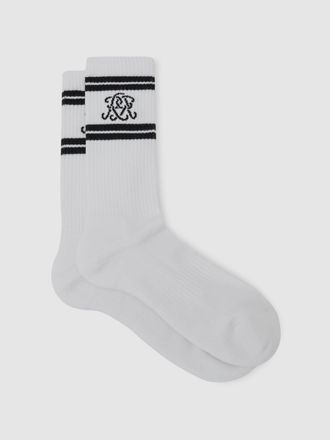 Reiss White & navy Monogram Cotton-blend Ribbed Socks, S & M
