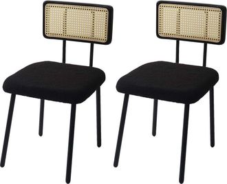 Hhg Hhg - Lote De 2 Sillas De Comedor 707, Sill&oacute;n Silla, Madera Poly-rattan Metal Boucl&eacute;, Tela/textil Negro