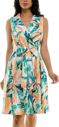 Nina Leonard Floral Print Tie Waist Collared Dress In Aqua Multi