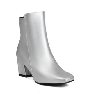 Generic Womens Chunky Heel Office Style Ankle Boots Square Toe Casual Short Booties,Silver,1.5 UK