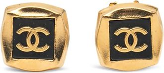 Chanel 1996 Gold Plated CC Enamel Square Clip On Earrings costume earrings - Zwart