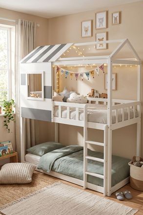 Living and Home Modern Twin Bunk Bed Slatted Board House Shaped in White
