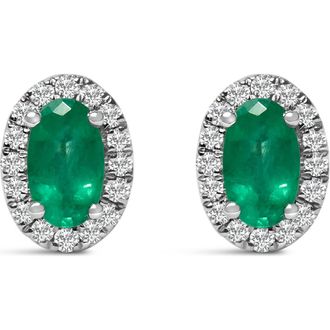 House of Brilliance 10K White Gold 5x3 MM Oval Cut Birthstone and Diamond Halo Stud Earrings in Green Emerald at Nordstrom