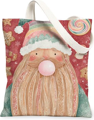 Generic Christmas Santa Canvas Tote Bags, Festive Holiday Design Reusable Grocery Bags, Vintage Fanciful Lightweight Washable Shoul, Red, 13x15 Inch