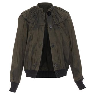 Lanvin 2006 olive green silk blend ruched rib contrast blouse overshirt FR36 S