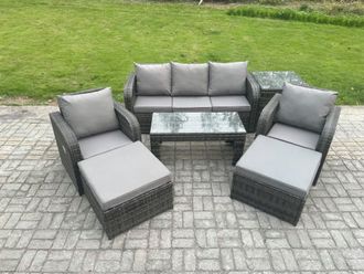 Fimous Rattan Garden Furniture Set with Rectangular Coffee Table Side Table 2 Big Footstool 7 Seater Patio Outdoor Lounge Sofa Set in Dark Grey