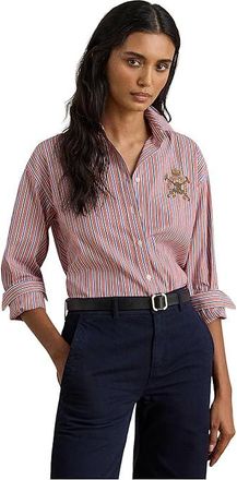 Lauren Ralph Lauren Relaxed Fit Striped Broadcloth Shirt Womens Clothing Orange/Blue/White : XL, Cotton