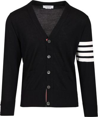 Thom Browne Merino Wol 4-Bar Klassieke V-hals Cardigan - Heren - Vesten - Blauw - L - Wol - Truien & Vesten