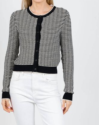 White + Warren Boucle Cardigan In Midnight/ivory Stripe