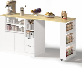 STILVORA Isla De Cocina Con Encimera Giratoria Extensible, 2 Cajones Y Estante De 3 Niveles, En Mdf, 115x50x92 Cm, Blanco Natural