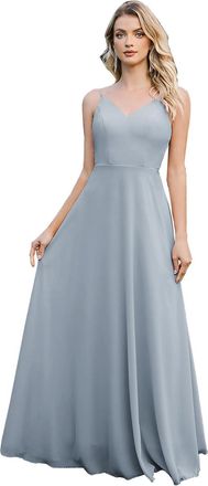 MisShow Womens Elegant Chiffon A line Lace Sleeveless V Neck Spaghetti Straps Floor Length Bridesmaid Dress Dusty Blue M
