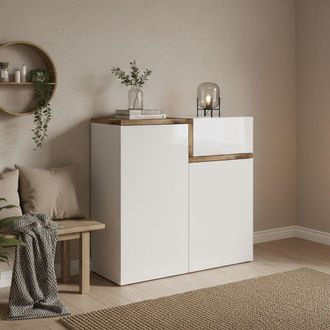 Dmora Zapatero Dmaric, Mueble Multiusos Con 2 Puertas Y 1 Puerta Abatible, Zapatero De Entrada, 100% Made In Italy, 80x40h80 Cm, Blanco Brillo Y Arce - Dmor