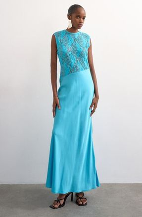 Topshop Satin & Lace Maxi Dress in Turquoise at Nordstrom, Size 12 Us