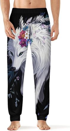 Generic Flower Wolf Pajama Pants for Men Print Lounge Pjs Bottom Lightweight Sleep Pants 6XL