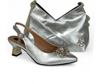 Generic Womens Silver Metallic Slingback Pumps with Crystal Embellishment, Pointed Toe, Chain Strap, Low Block Heel