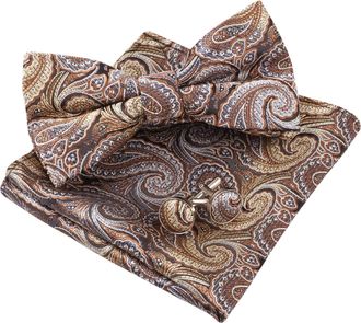 Alizeal Mens Paisley Retro Pre-tied Bow Tie Set Classic Party Wedding Bowtie, Pocket Square and Cufflinks Set, Brown
