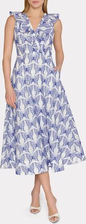 Milly Butterfly Eyelet Ruffle Midi Dress In White/blue