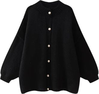 Generic Women Mock Neck Knit Cardigan Vintage Gold Buttons Loose Casual Sweater Coat 4 M