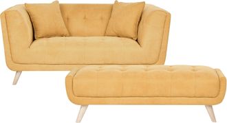 Beliani Sof&aacute; 2 Plazas De Tela Con Otomana Cojines Decorativos Patas De Madera Capiton&eacute; Estilo Retro Mostaza Habo