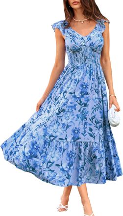 Grace Karin A-Line Summer Dresses for Women UK, Ruffle Sleeves V-Neck Smocked Floral Dress, Beach Maxi Dresses for Women UK Blue-Blue Floral XXL