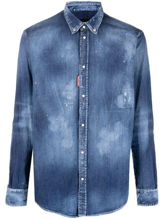 Dsquared2 distressed effect denim shirt - men - Spandex/Elastane/Cotton/Calf Leather - 52 - Blue