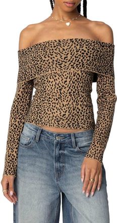 Edikted Leopard Print Fold Over Off the Shoulder Knit Top at Nordstrom, Size X-Small