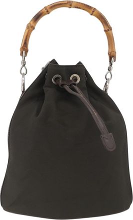 Gucci Vintage Bamboo Bucket Bag Nylon And Leather Khaki Nylon Handbag (Pre-Owned)