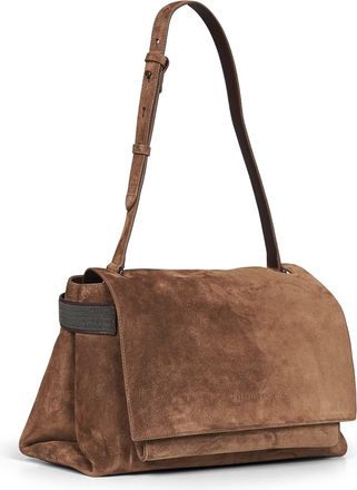 Brunello Cucinelli Womens Crossbody Bag Caramel Essence Brown Cotton Satchels & Cross Body