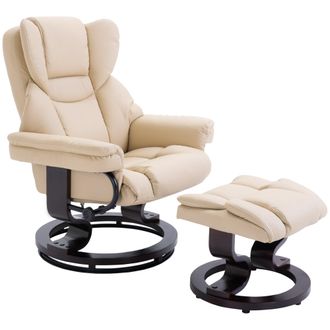 HOMCOM PU Leather Manual Reclining Armchair Footstool Set Padded Seat Cream | TJ Hughes