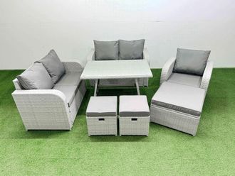 Fimous 8 Seater Rattan Garden Furniture Set Love Sofa Reclining Chair Set in Light Grey
