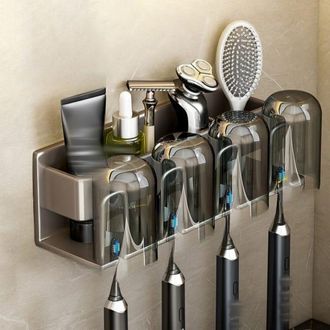 OEM Soporte De Pared Para Cepillo Y Pasta De Dientes Con 4 Compartimentos, Mueble De Ba&ntilde;o De Metal Gris, No Requiere Taladrar, 26 &times; 7,5 &times; 8 Cm