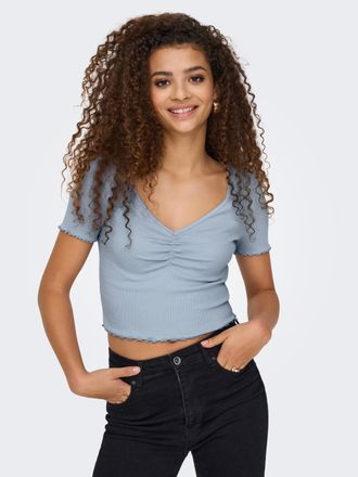 Only Kurzarmshirt ONLY ONLBETTY S/S V-NECK TOP CC JRS, Damen, Gr. L (40), soft chambray, Jersey, Obermaterial: 95% Baumwolle, 5% Elasthan, unifarben, regul