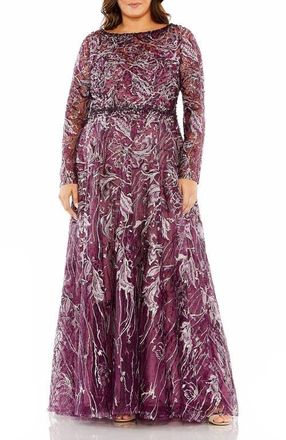 Mac Duggal Long Sleeve High Neck Embroidered Gown in Plum at Nordstrom, Size 20W