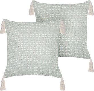 Beliani Conjunto De 2 Cojines Verde Menta Beige 42 X 42 Cm Poli&eacute;ster Borlas Relleno Hakone