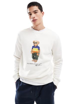 Polo Ralph Lauren Felpa color crema in pile con stampa di orsetto-Bianco