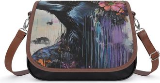 Generic Raven Crow Floral Watercolor Crossbody Bags for Women Fashion Leather Shoulder Handbags With Adjustable Strap