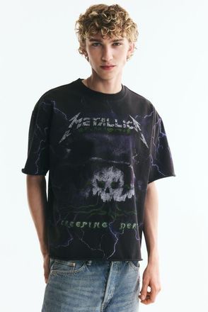 H&M Oversized Printed Raw-edge Cotton T-shirt in Black/metallica at Nordstrom, Size X-Small