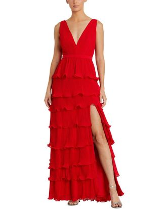 Mac Duggal Sleeveless Ruffle Tiered V Neck Gown
