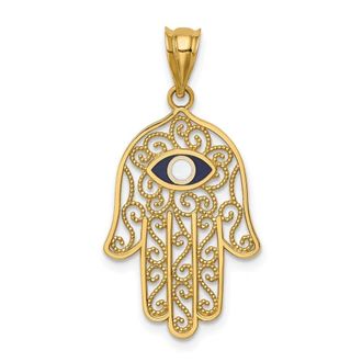 Diamond2Deal 14k Yellow Gold Polished and Enameled Hamsa Pendant