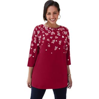 Jessica London Stretch Cotton Boatneck Tunic in Rich Burgundy Hearts at Nordstrom, Size 16