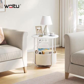 Woltu Woltu Mesa Auxiliar, Mesa De Centro, Con Cesta Extra&iacute;ble, 2 Enchufes, 1 Puerto Usb Y 1 Puerto Usb-c, Redonda, Blanca Y Beige