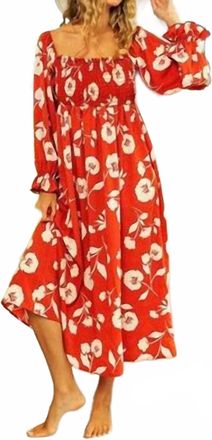 Bibi Floral Moss Crepe Smocked Dress In Red
