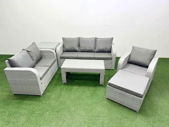 Fimous Patio PE Wicker 7 Seater Outdoor Rattan Furniture Sofa Sets w/ Oblong Coffee Table Reclining Chair Loveseat Sofa 3 Seater Sofa Big Footstool