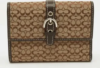 Coach Buckle Beige/brown Signature Fabric And Leather Trifold Wallet