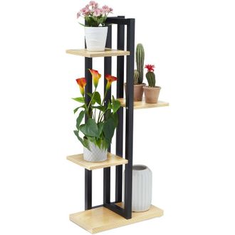 Relaxdays Relaxdays - Metal Flower Stand, 4-Tier Indoor Pot Shelf Ladder, Wooden Look, 93 x 42.5 x 22.5 cm, Plant Rack, Light Brown