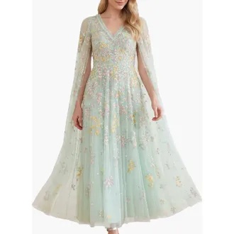 Needle & Thread Versailles Ditsy V-Neck Cape Maxi Gown in Sea Mist/pale at Nordstrom, Size 10