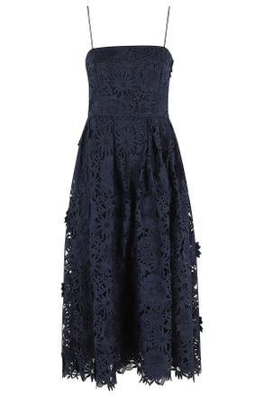 Rotate Navy Blue 3D Lace Flared Floral Polyester Midi Dress