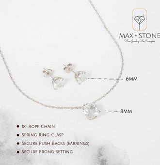 MAX + STONE 925 Sterling Silver Cushion Cut Gemstone Stud Earrings and Pendant Necklace