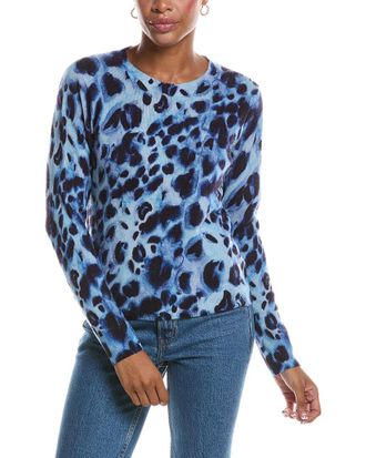 Autumn Cashmere Watercolor Print Cheetah Crewneck Cashmere Sweater